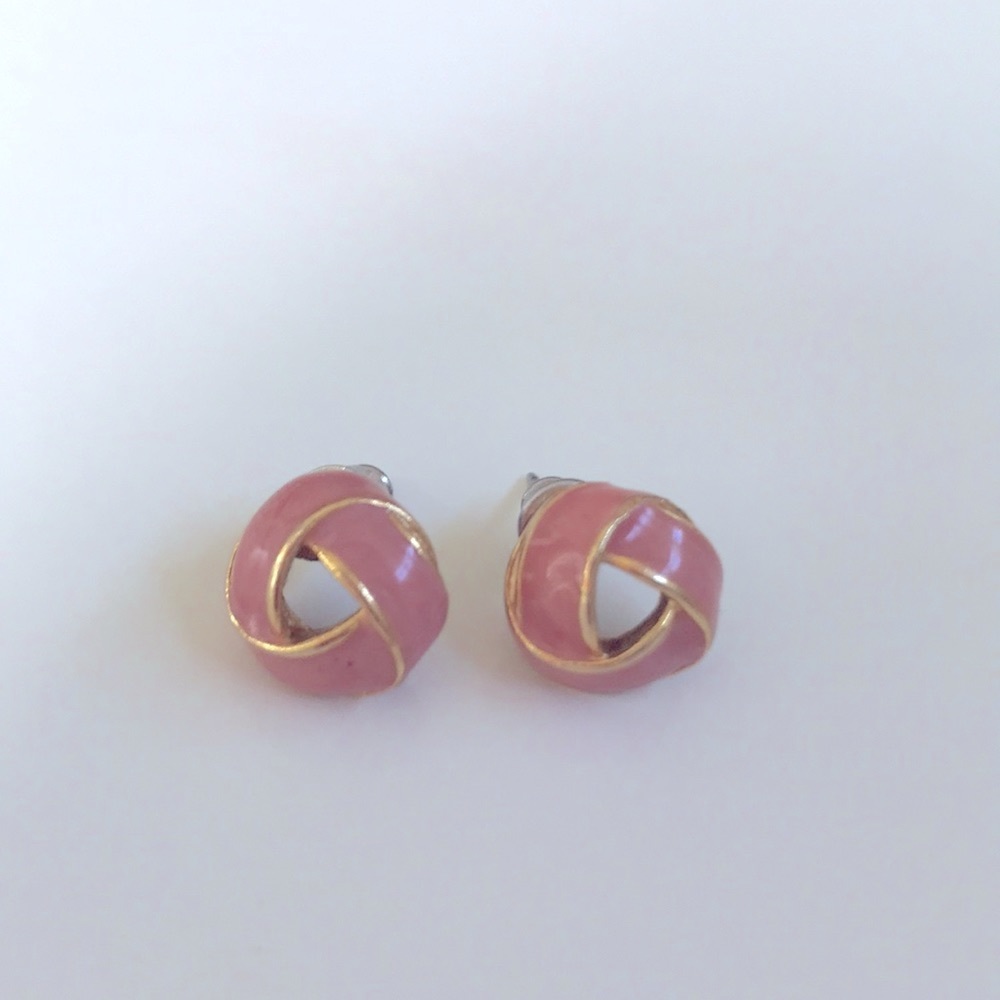 Pink Enamel Knot Stud Earrings Gold Tone